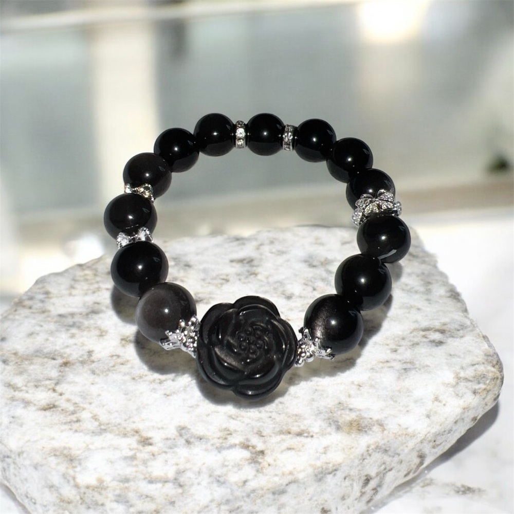 High Quality Silver Sheen Obsidian Stretch Bracelet HANDMADE Double Sided Flower - Picture 12 of 12